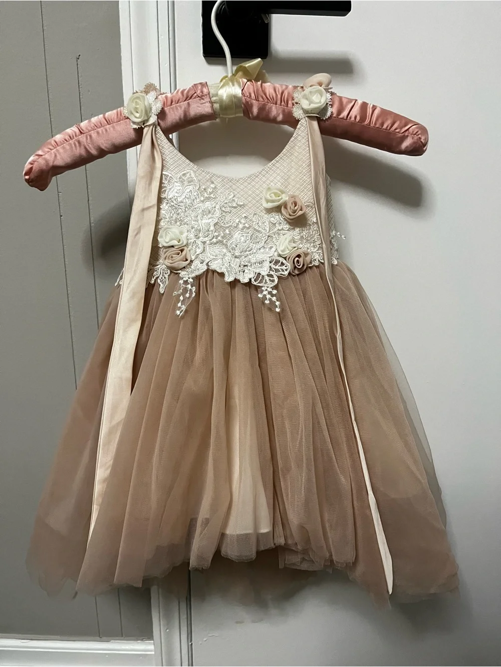 Cream & Blush Tulle Flower Girl Dress with Lace Bodice